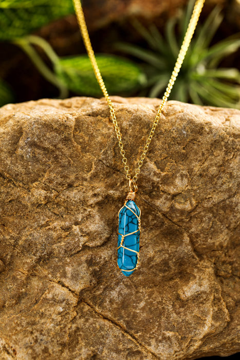 Blue Gold Wire Wrapped Turquoise Pendant Necklace