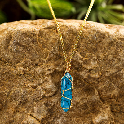 Blue Gold Wire Wrapped Turquoise Pendant Necklace