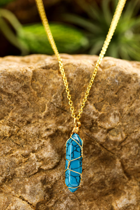 Blue Gold Wire Wrapped Turquoise Pendant Necklace