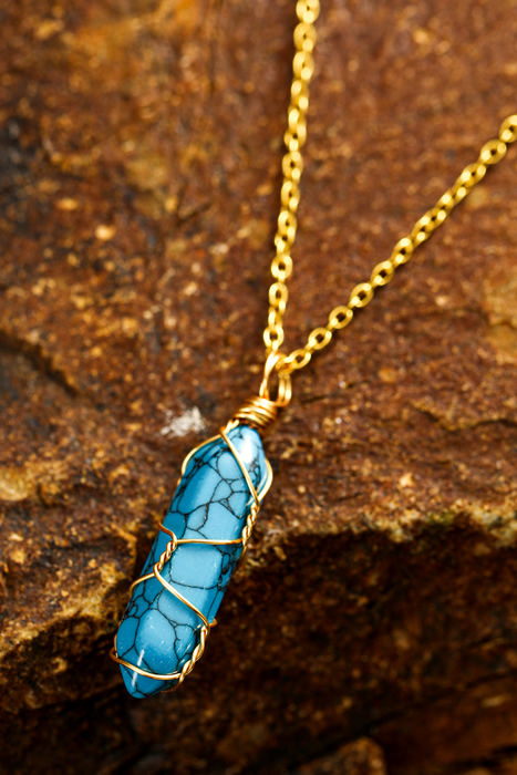 Blue Gold Wire Wrapped Turquoise Pendant Necklace