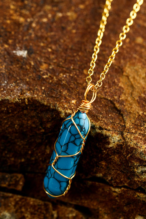 Blue Gold Wire Wrapped Turquoise Pendant Necklace