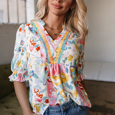 Solana Boho Flower Half Puff Sleeve Blouse