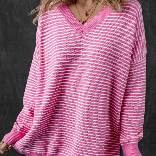 Alana Striped Scallop V Neck Loose Sweater