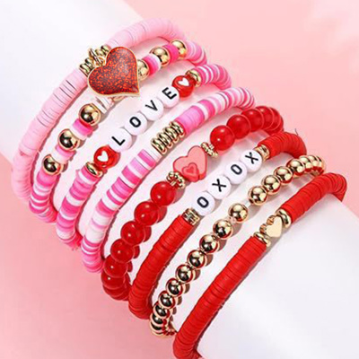 Valentines LOVE XOXO Heart Shape Beaded Bracelet Set