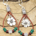  Silvery Western Leather Beaded Floral Dangle Earrings