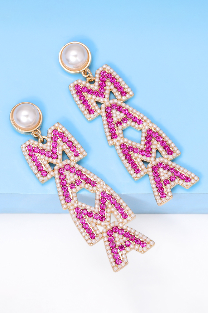 MAMA Rhinestone Pearl Dangle Stud Earrings