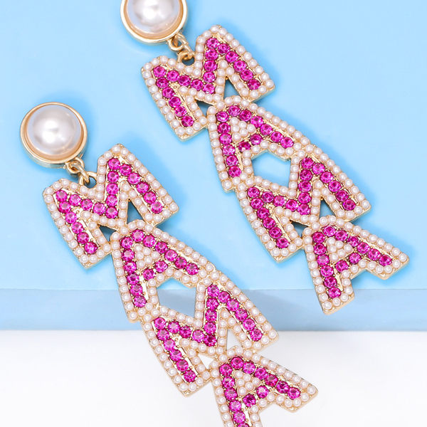 MAMA Rhinestone Pearl Dangle Stud Earrings