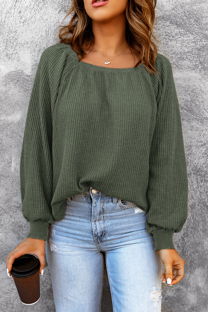 Hallie Square Neck Puff Sleeve Waffle Knit Top