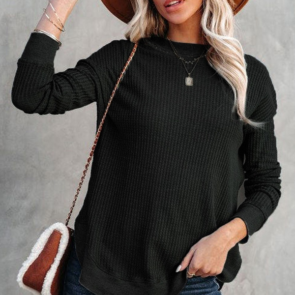 Isabelle Crew Neck Ribbed Trim Waffle Knit Top