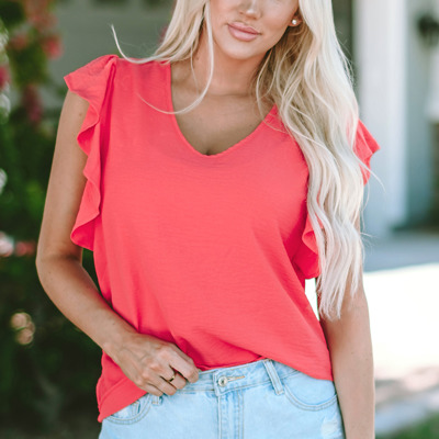 Janelle V Neck Ruffle Sleeve Loose Top