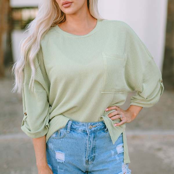 Jade Ribbed Roll-tab Sleeve Chest Pocket Oversize Top