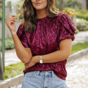  Lenora Glittering Sequin Short Bubble Sleeve Blouse