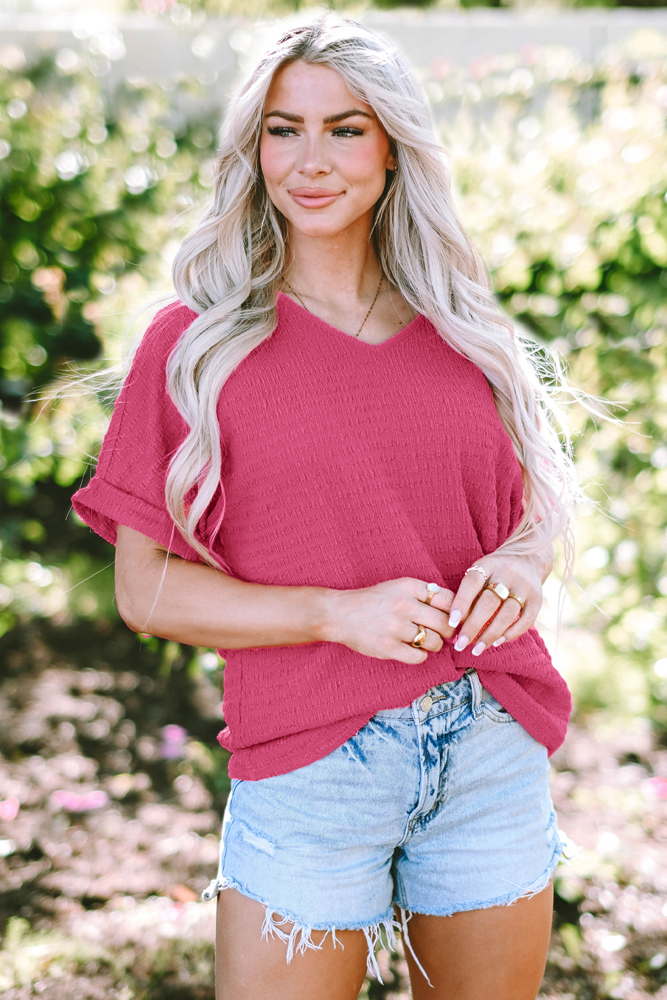 Siena Textured Rolled Sleeve V Neck Tee