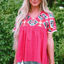  Zayla Embroidered Tassel Tie V Neck Blouse