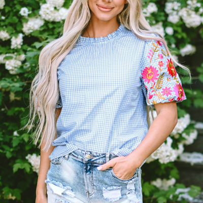 Pearl Gingham Floral Embroidered Puff Sleeve Blouse