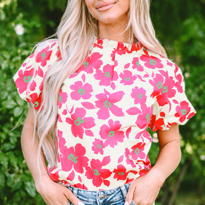 Elyse Floral Puff Sleeve Frilled Neckline Blouse