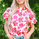  Elyse Floral Puff Sleeve Frilled Neckline Blouse