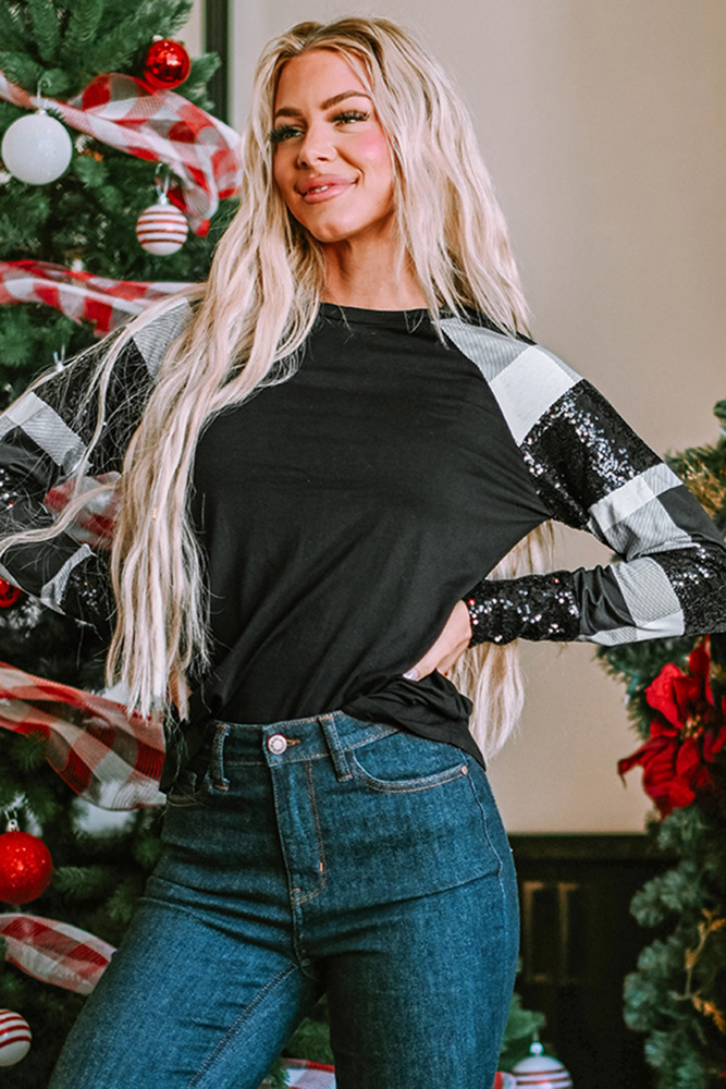 Kayla Sequin Plaid Patchwork Raglan Sleeve Top