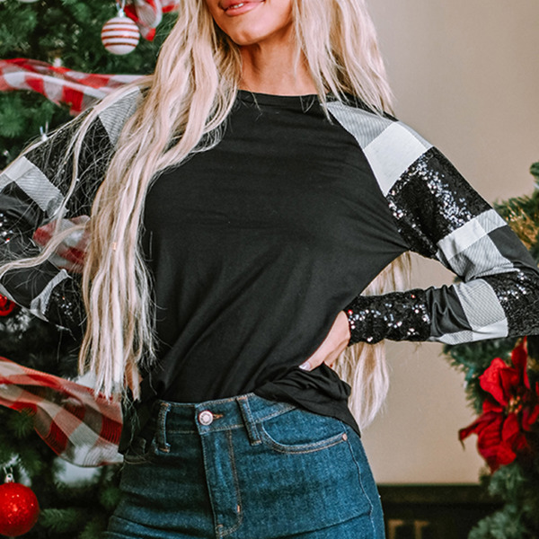 Kayla Sequin Plaid Patchwork Raglan Sleeve Top