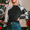  Kayla Sequin Plaid Patchwork Raglan Sleeve Top