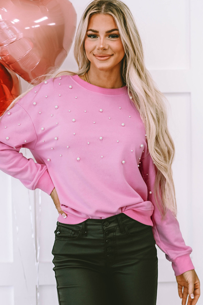 Lilah Pearl Detail Ribbed Crew Neck Sweatshirt