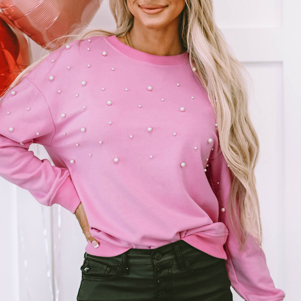 Lilah Pearl Detail Ribbed Crew Neck Sweatshirt