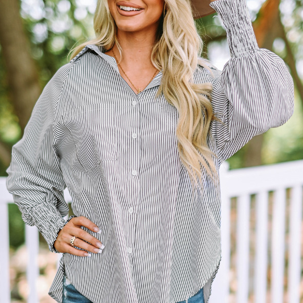 Skye Smocked Cuffed Striped Boyfriend Shirt with Pocket