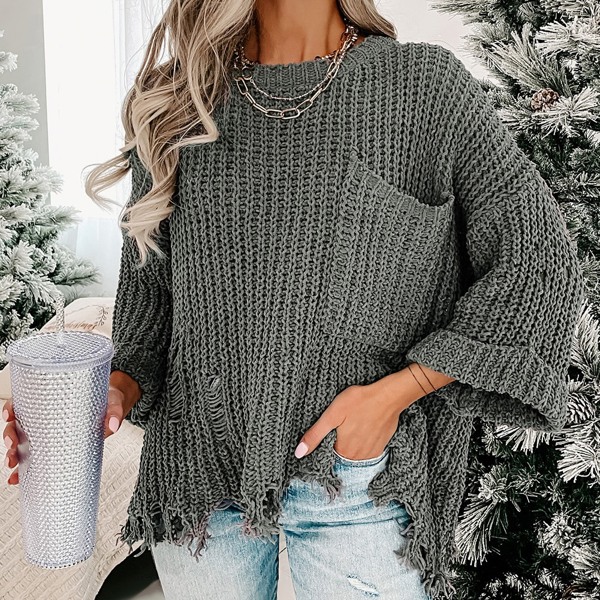 Alina Ripped Raw Hem Chunky Pullover Sweater