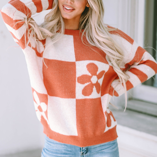 Miller Checkered Floral Striped Sleeve Sweater