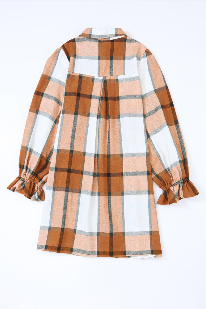 Elise Plaid Pattern Collared Neck Ruffled Sleeve Shirt Dress