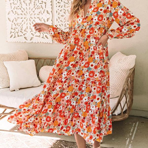 Barbara Floral Collared Long Sleeve Ruffled Dress