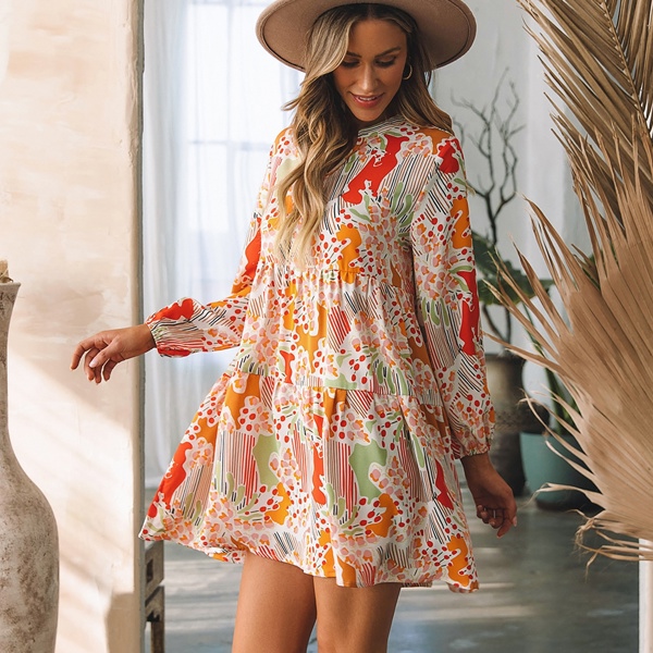 Daniella Split Neck Puff Sleeve Flowy Printed Dress