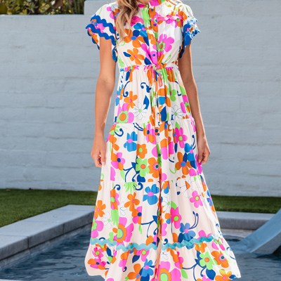 Alena Ricrac Trim Flutter Sleeve Buttoned Floral Maxi Dress