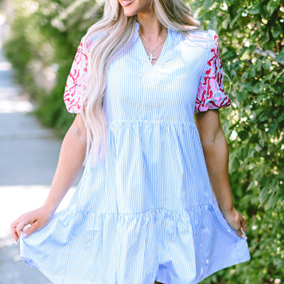 Kori Stripe Contrast Floral Puff Sleeve Tiered Ruffle Dress