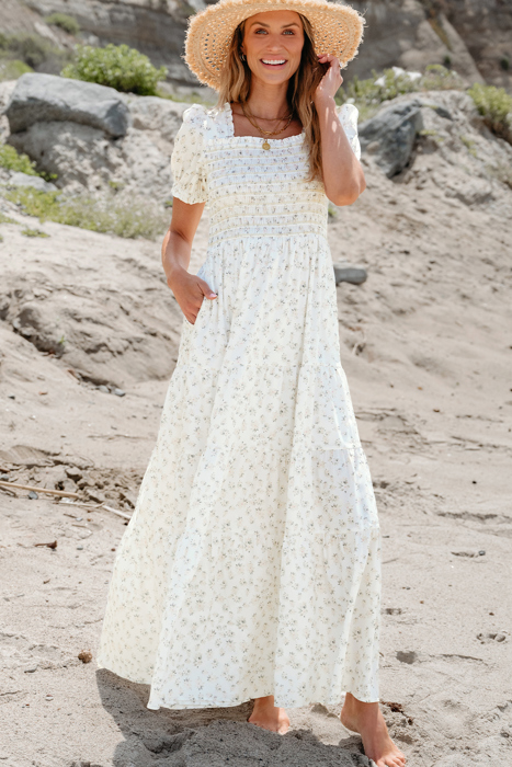 Robin Frilly Shirred Bodice Tiered Floral Maxi Dress