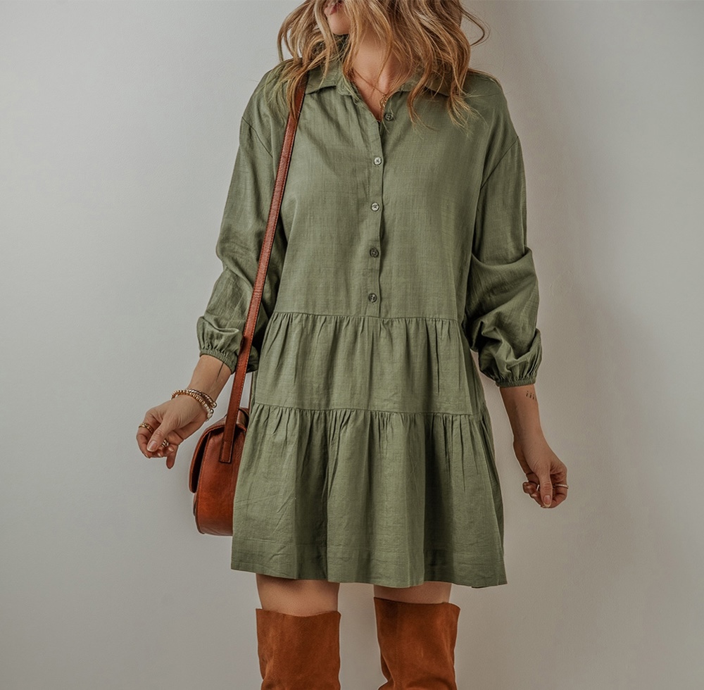 Ariana Puff Sleeve Buttoned Tiered Dress