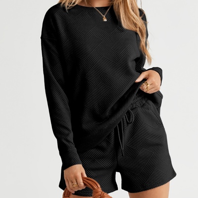 Adalyn Textured Long Sleeve Top and Drawstring Shorts Set