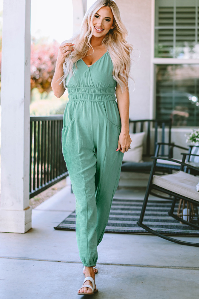 Analia Shirred High Waist Sleeveless V Neck Jumpsuit