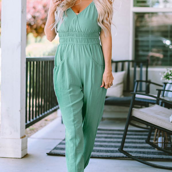 Analia Shirred High Waist Sleeveless V Neck Jumpsuit