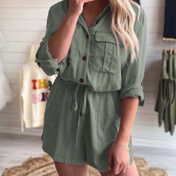 Reese Roll up Sleeve Flap Pockets Drawstring Romper