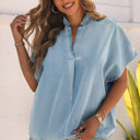  Kiana Split V Neck Oversized Denim Blouse