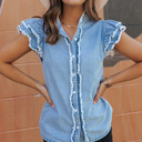  Ashlyn Ruffled Flutter Frayed Denim Top