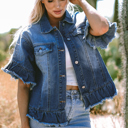  Luisa Ruffled Short Sleeve Denim Jacket