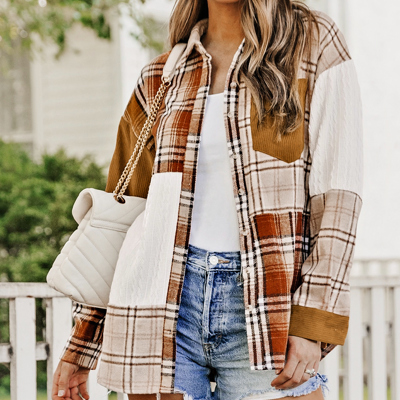 Sutton Plaid Color Block Patchwork Shirt Jacket with Pocket