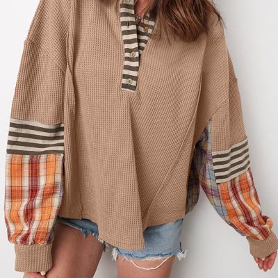 Aaliyah Waffle Stripe Plaid Patchwork Henley Knit Top