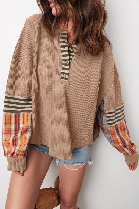 Aaliyah Waffle Stripe Plaid Patchwork Henley Knit Top