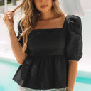 Black Large Adelina Square Neck Puff Sleeve Blouse