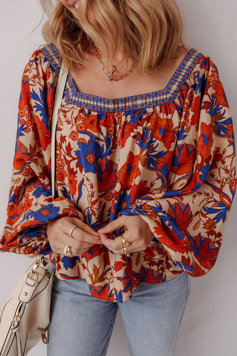 Adeline Floral Print Square Neck Backless Loose Fit Blouse