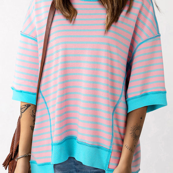 Adley Stripe Oversized Exposed Seam High Low Top