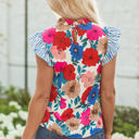  Ainara Floral Mock Neck Striped Flutter Sleeve Blouse